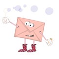 Funny cartoon envelope with eyes, feet and hands blowing bubbles