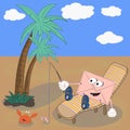 A funny cartoon envelope on vacation in the desert sits on a couch and catches a crab on a fishing rod, using the worm as a bait Royalty Free Stock Photo