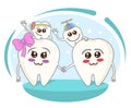 Funny cartoon family teeth characters. Design for print, emblem, t-shirt, children`s dentistry