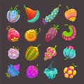 Funny cartoon fantasy fruits, unreal berries set