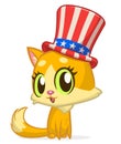Funny cartoon fat cat sitting and wearing Uncle Sam hat. Kitty character design for American Independence Day. Vector