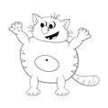 Funny cartoon fat cat smiles and waves its paws. Black and white coloring