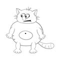 Funny cartoon fat cat standing and looking suspiciously. Black and white coloring