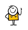 Funny cartoon female stickman with rising up hand and pointing finger.