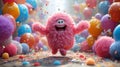 A funny cartoon fluffy character is having fun on the background of festive balloons. The concept of the holiday. 3d