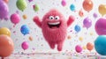 A funny cartoon fluffy character is having fun on the background of festive balloons. The concept of the holiday. 3d