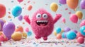 A funny cartoon fluffy character is having fun on the background of festive balloons. The concept of the holiday. 3d