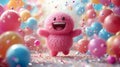 A funny cartoon fluffy character is having fun on the background of festive balloons. The concept of the holiday. 3d