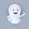 Funny cartoon flying ghost smiling and showing a thumbs up. Friendly phantom icon. Happy Halloween 3D character. Vector