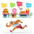 Funny cartoon food and drinks scream for the runner and asks him to eat himself