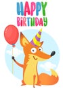 Funny cartoon fox holding red balloon and birthday party hat. Vector illustration for birthday postcard. Design for print. Royalty Free Stock Photo