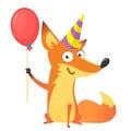 Funny cartoon fox holding red balloon and birthday party hat. Vector illustration for birthday postcard. Design for print Royalty Free Stock Photo