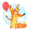 Funny cartoon fox holding red balloon and birthday party hat. Vector illustration for birthday postcard. Royalty Free Stock Photo