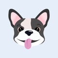 Funny cartoon French Bulldog puppy face sticking out tongue. Cute Frenchie dog drawing, vector illustration