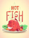 Funny cartoon fried red hot fish