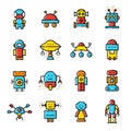 Robots line coloured vector icon set