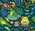 Funny cartoon frogs and tadpoles characters are jumping and swimming in the pond, seamless pattern Royalty Free Stock Photo