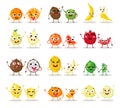 Funny cartoon fruit characters . Big cute set. couples vector illustrations. happy faces. Collection emotions Royalty Free Stock Photo