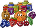 Funny cartoon fruit and jams in jars set