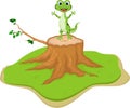 Funny cartoon gecko on tree stump