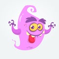 Funny cartoon ghost showing tongue and waving hands. Halloween vector monster illustration.