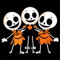 Funny cartoon ghosts on a black background. Halloween illustration. AI generated