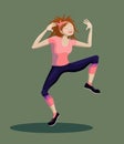 Funny cartoon girl character making aerobics dance workout in pink sport suit vector illustration.