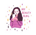 Funny cartoon girl with facial mask creating content for vlog or blog vector flat illustration. Female beauty blogger