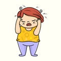 Funny cartoon girl holding her head. Headache or migraine concept. Overworked woman