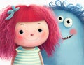 Funny cartoon girl with red hair and big blue frendly monster. Children\'s book illustration. Generative AI