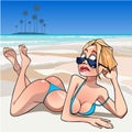 Funny cartoon girl in a swimsuit sunning on a tropical seashore