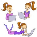 Funny cartoon girl types on a laptop. Set