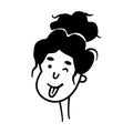 Funny cartoon girl winks and shows tongue. Head and face of cute young woman. Emotional facial expression