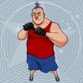 Funny cartoon gloomy man in gloves stands in a boxing stance