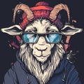Funny cartoon goat vector illustration hipster animal in clothes.