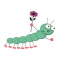 A funny cartoon green caterpillar holds in its hand a multicolored flower and crawls Royalty Free Stock Photo
