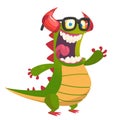 Funny cartoon green dragon wearing eyeglasses. Vector Halloween illustration Royalty Free Stock Photo