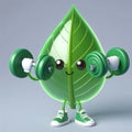 Funny cartoon of a green leaf with dumbbells. Preservation of the planet. Tree world Day. AI generated