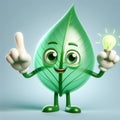 Funny cartoon of a green leaf with a light bulb in its hand. Preservation of the planet. Tree world Day. AI generated