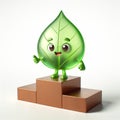 Funny cartoon of a green leaf on podium. Tree world Day. AI generated