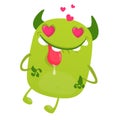 Funny cartoon green monster in love showing tongue. Vector illustration of cute monster for St.Valentine`Day.