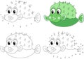 Funny cartoon green pufferfish. Coloring book and dot to dot game for kids