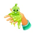 Funny cartoon green slimy character sitting on the hand. Cute slime toy.