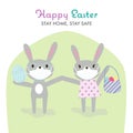 Funny cartoon grey rabbits with protective medical face mask holding basket with bright eggs. Happy easter stay home