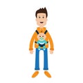 Funny cartoon guy Cute male character holding boy son in baby carrier sling. Father parent take care of child. Casual dress style