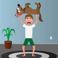 Funny cartoon guy doing workout with dog vector illustration. Training at home, lift weight. Free time in time of