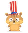Funny cartoon hamster or chipmunk wearing Uncle Sam hat. Marmot character design for American Independence Day