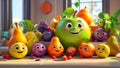 Funny cartoon happy fruits in the kitchen character emotion creative smile concept