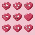 Funny cartoon heart character emotions set, St Valentines vector icons, isolated