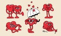 Funny Cartoon Hearts Characters Set for Valentine Day. Vector Love Stickers. Retro Groovy Illustrations